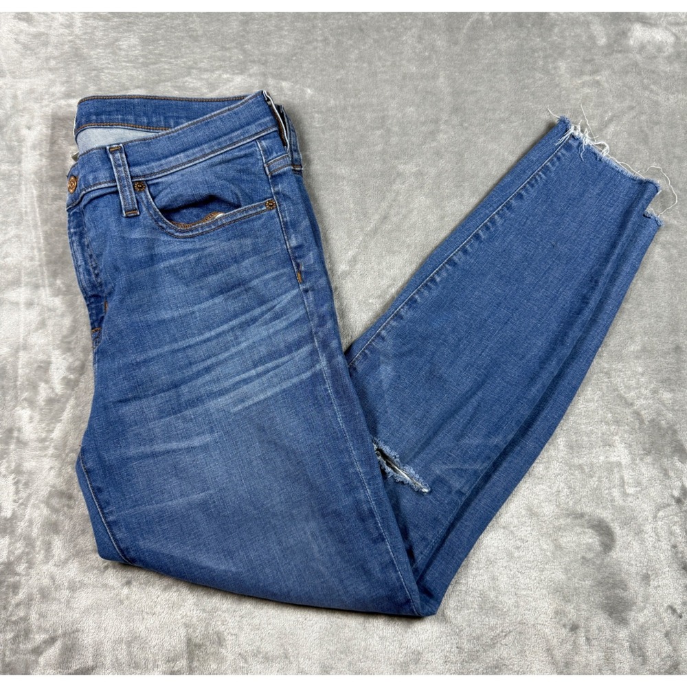 J.Crew Toothpick Jeans Womens Size 32 Distressed Raw‎ Hem Ripped Knee Blue